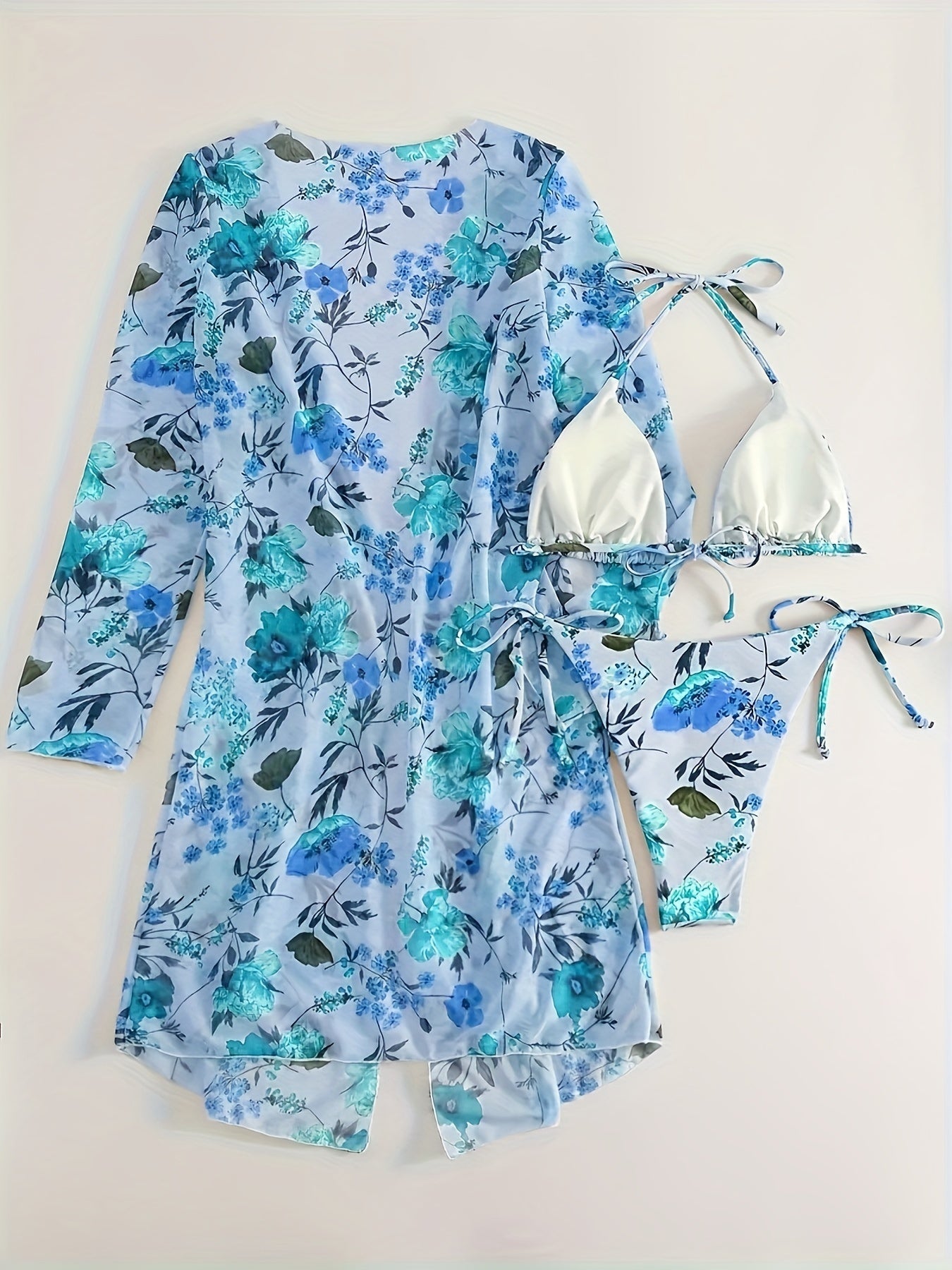 Floral Three-Piece Bikini Set – V-Neck, Cover-Up, Removable Padding