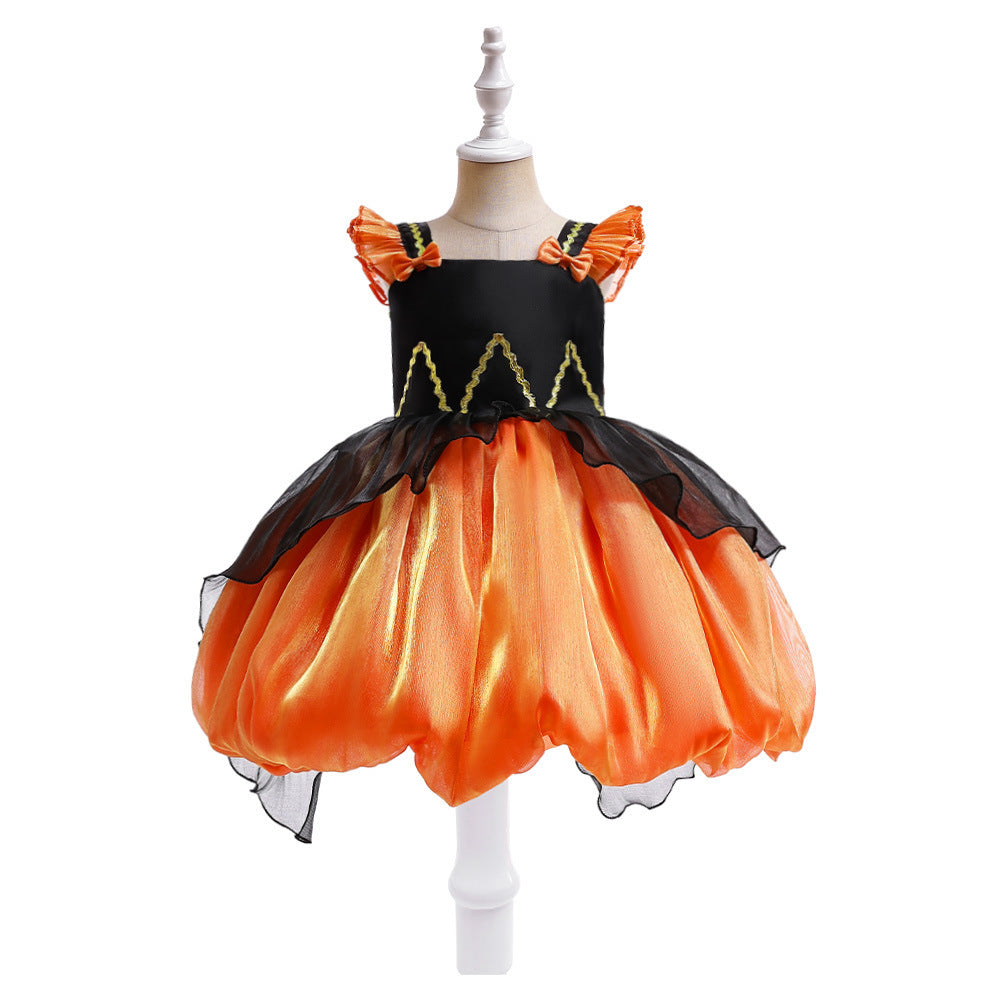 Girls Halloween Pumpkin Witch Dress | Black & Orange Bubble Skirt Costume | Sizes 110–140cm