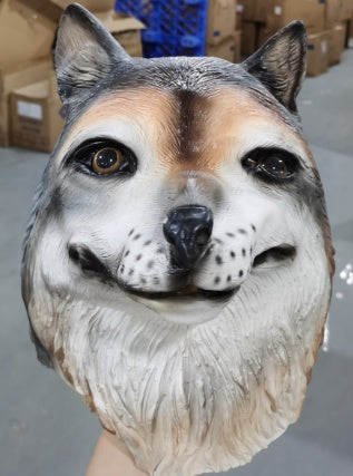 Dog mask with realistic fur texture on a blurred warehouse background