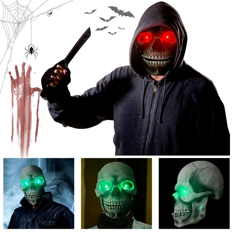Person wearing a dark hoodie with glowing red eyes and a knife, surrounded by Halloween-themed elements.