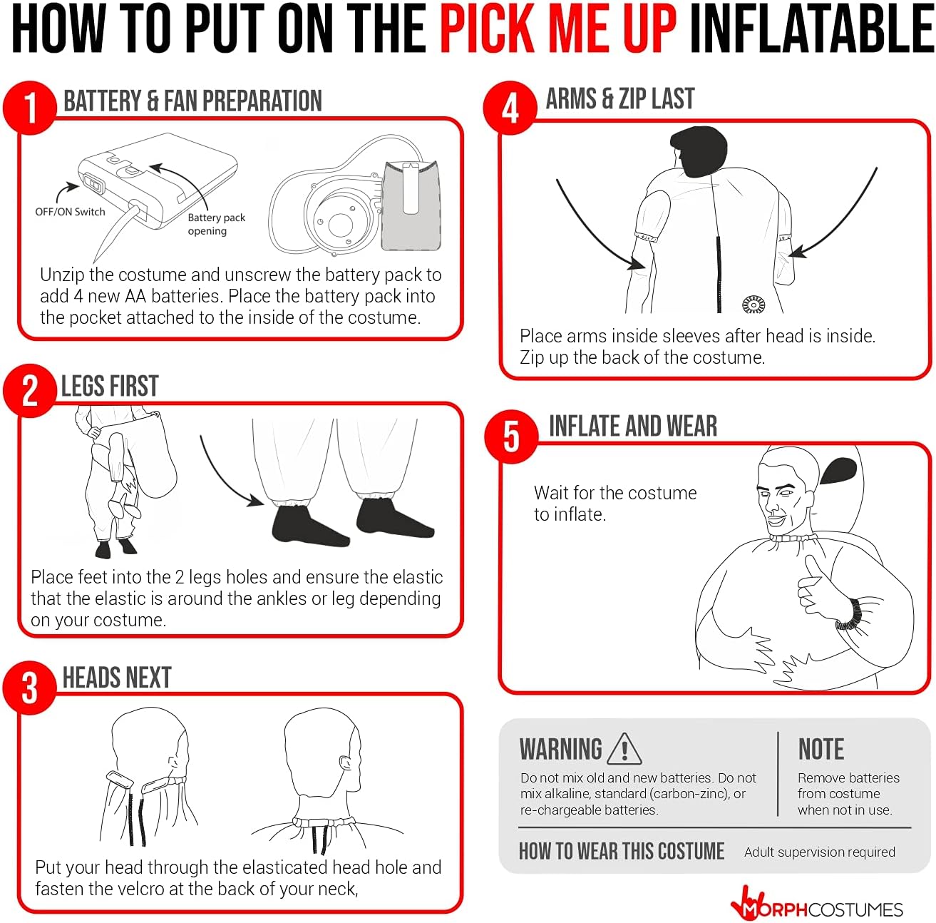 Step-by-step guide on how to put on a 'Pick Me Up' inflatable costume with illustrations and text.