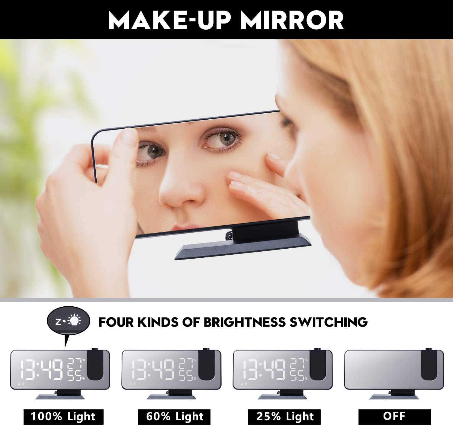 Mirror Projection Alarm Clock | Ceiling & Wall Display | Temperature | Silent