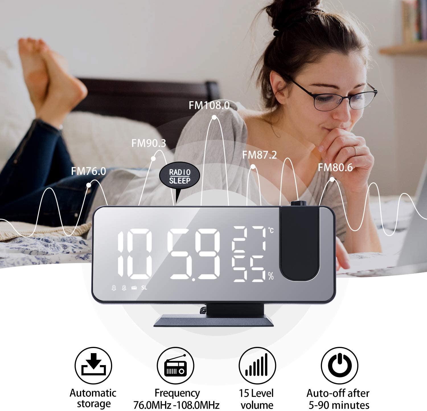 Mirror Projection Alarm Clock | Ceiling & Wall Display | Temperature | Silent