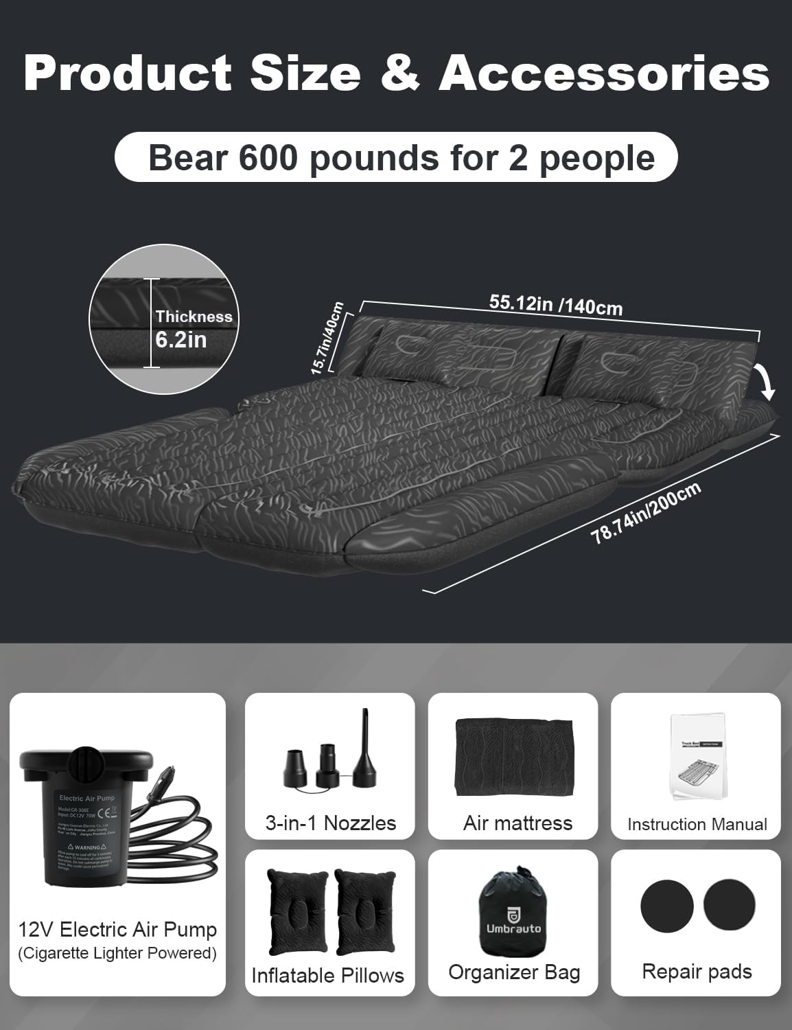 Umbrauto SUV Air Mattress — 6-Chamber, 300 lb Capacity, Electric Pump & Pillows Included | 5.4–6.07ft