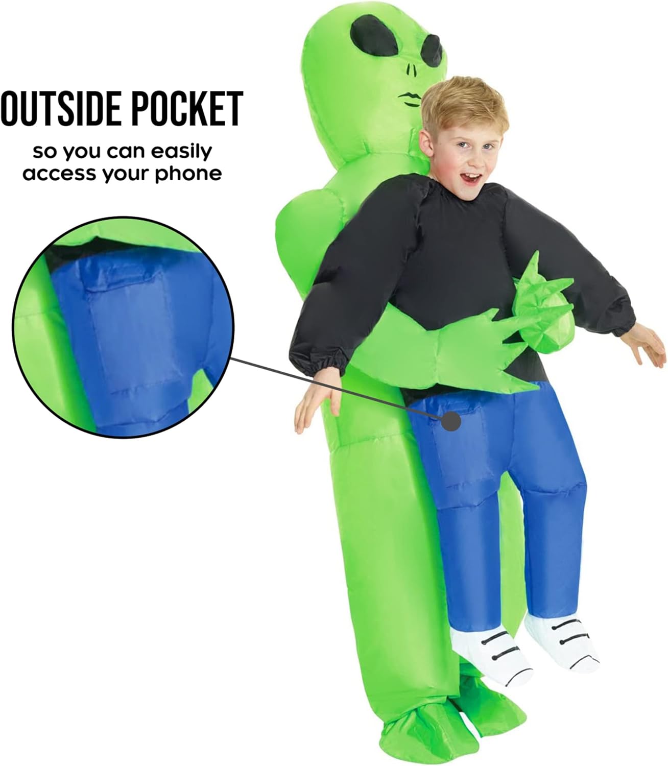 Child wearing an inflatable alien costume with a highlighted pocket feature on a white background.