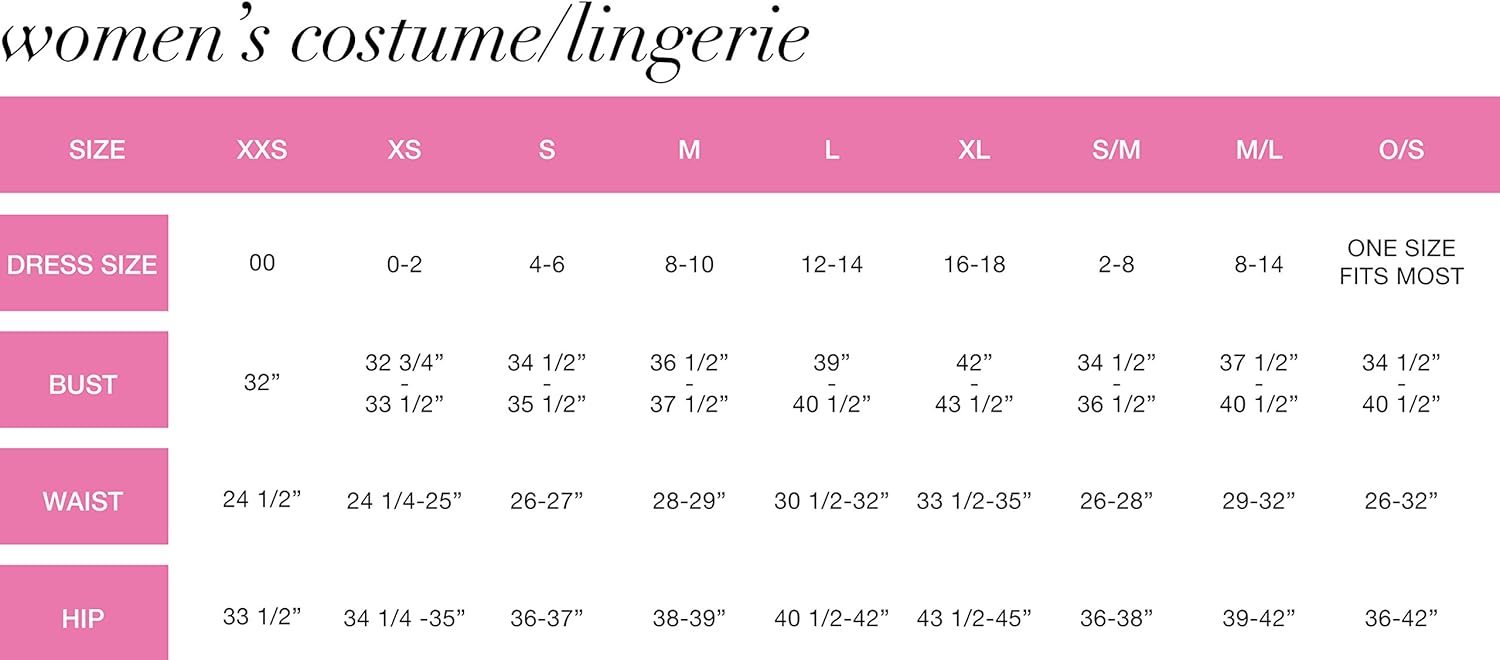 Size chart for women's costume/lingerie with measurements in inches.