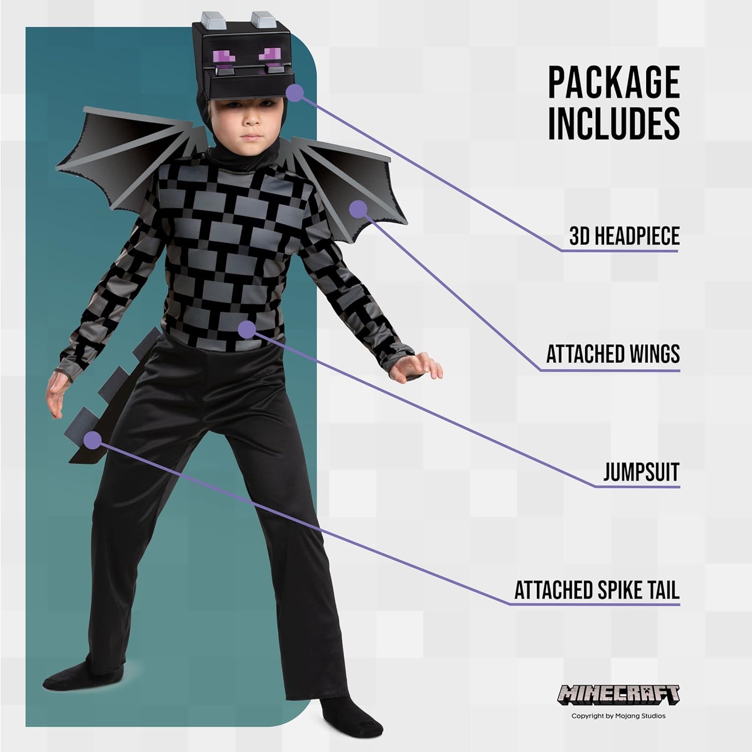 Child wearing a Minecraft costume with packaging details on a white background