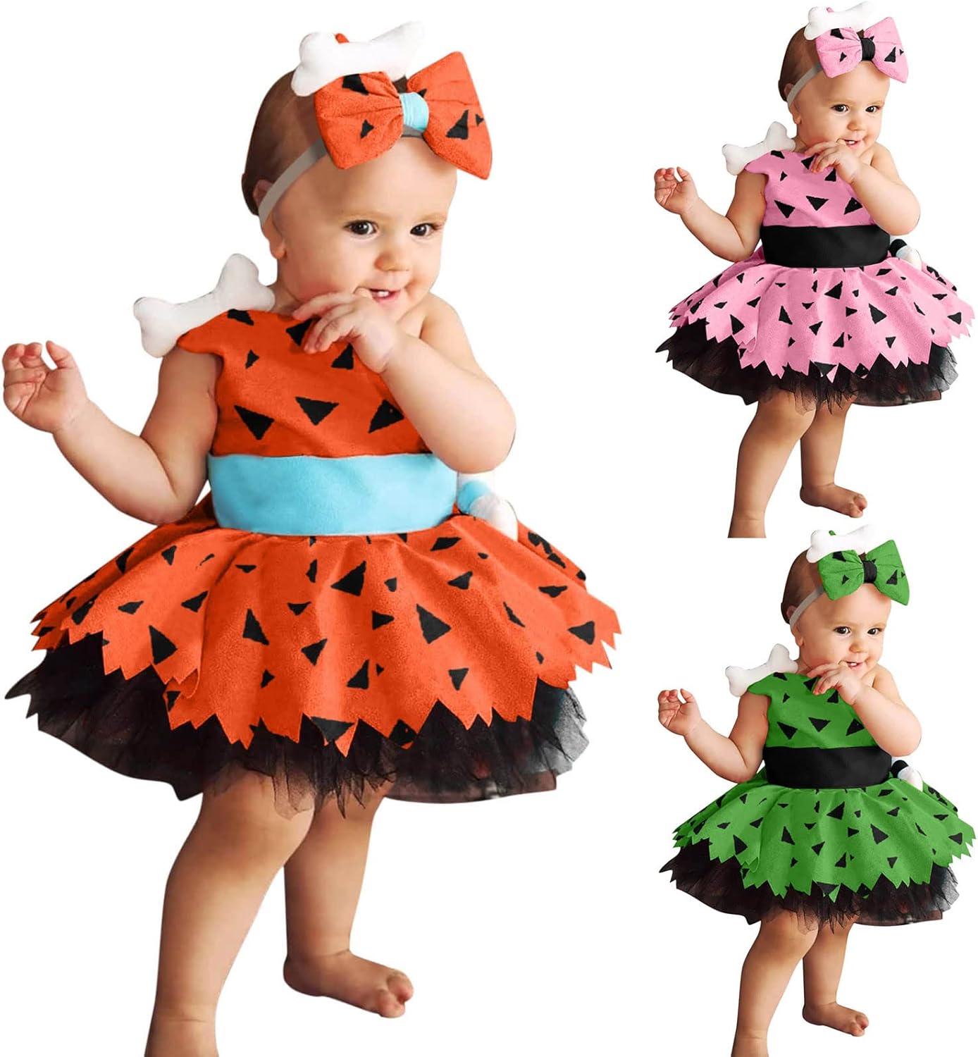 Three children in colorful tutu dresses with headbands on a white background