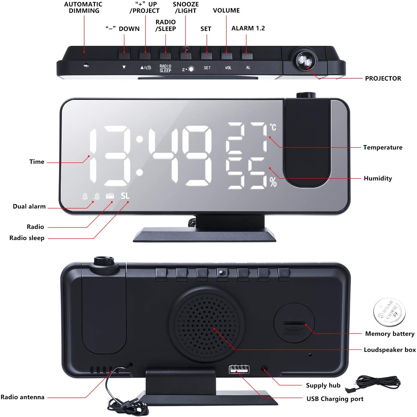 Mirror Projection Alarm Clock | Ceiling & Wall Display | Temperature | Silent