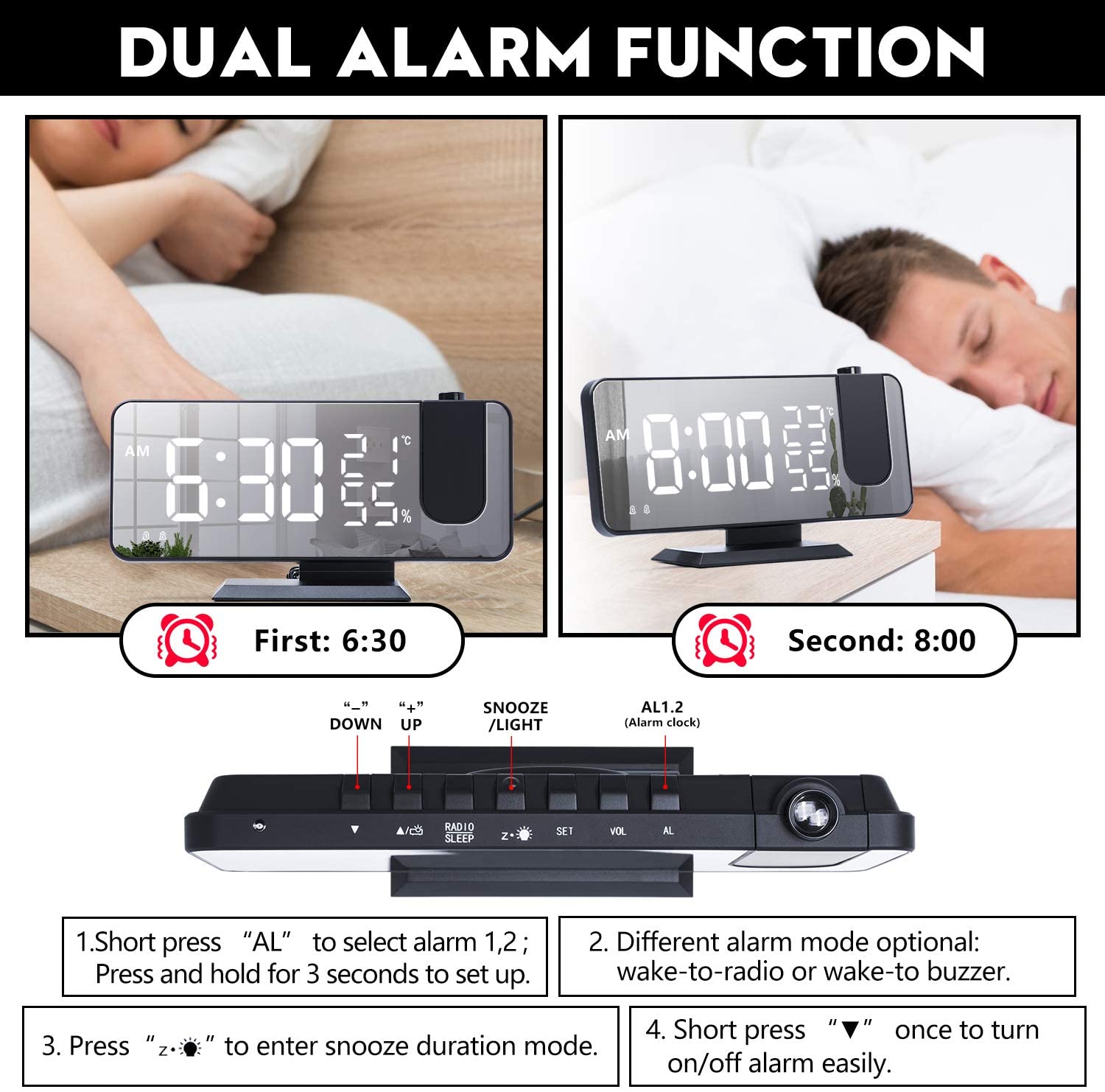 Mirror Projection Alarm Clock | Ceiling & Wall Display | Temperature | Silent
