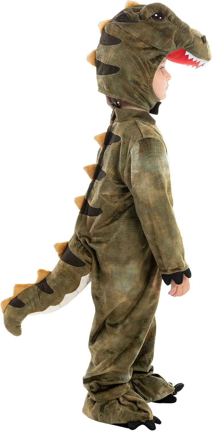 Child wearing a dinosaur costume on a white background