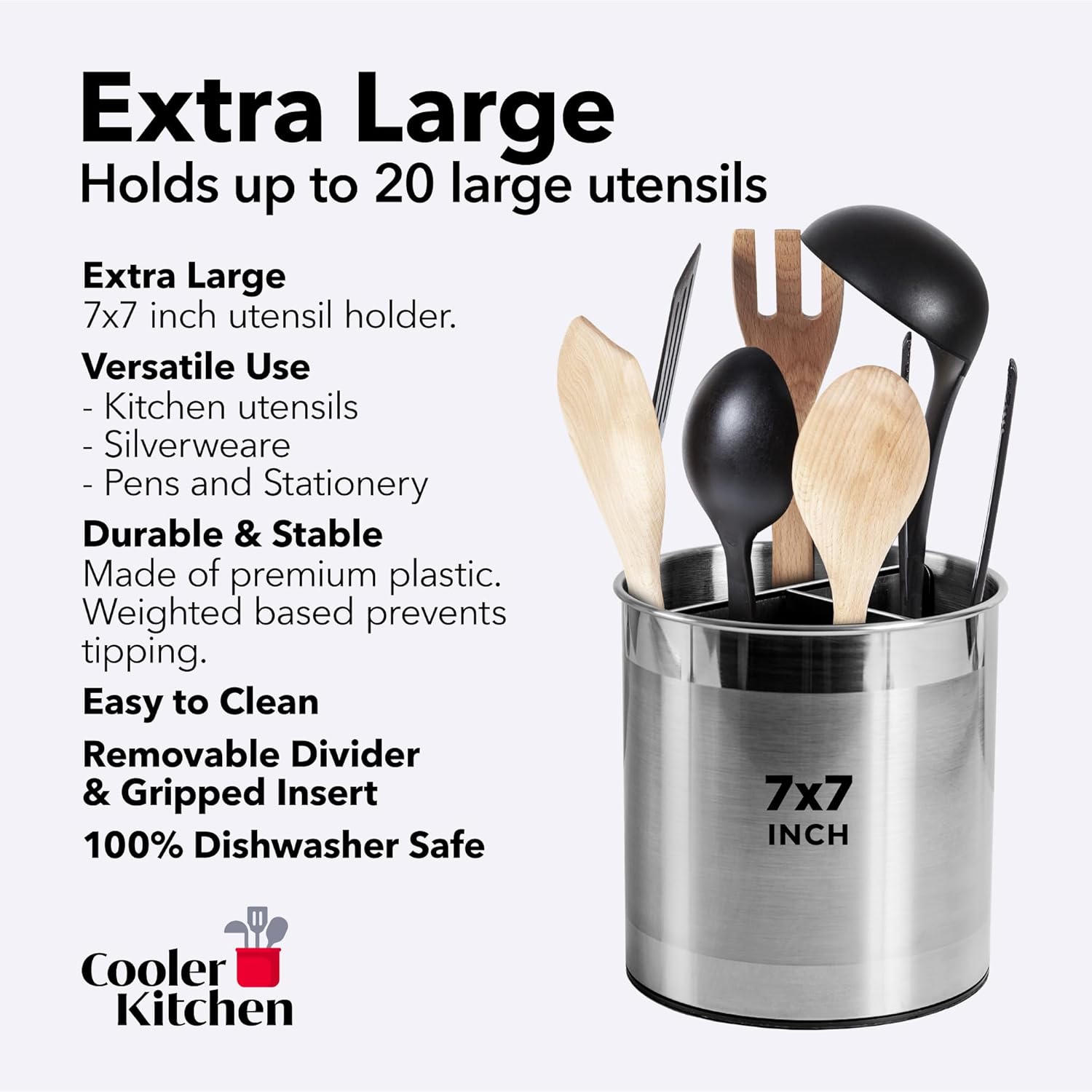 Cooler Kitchen Extra Großer Utensilienhalter | 17,8 cm drehbarer Bestecktopf mit Teiler | Spülmaschinenfest