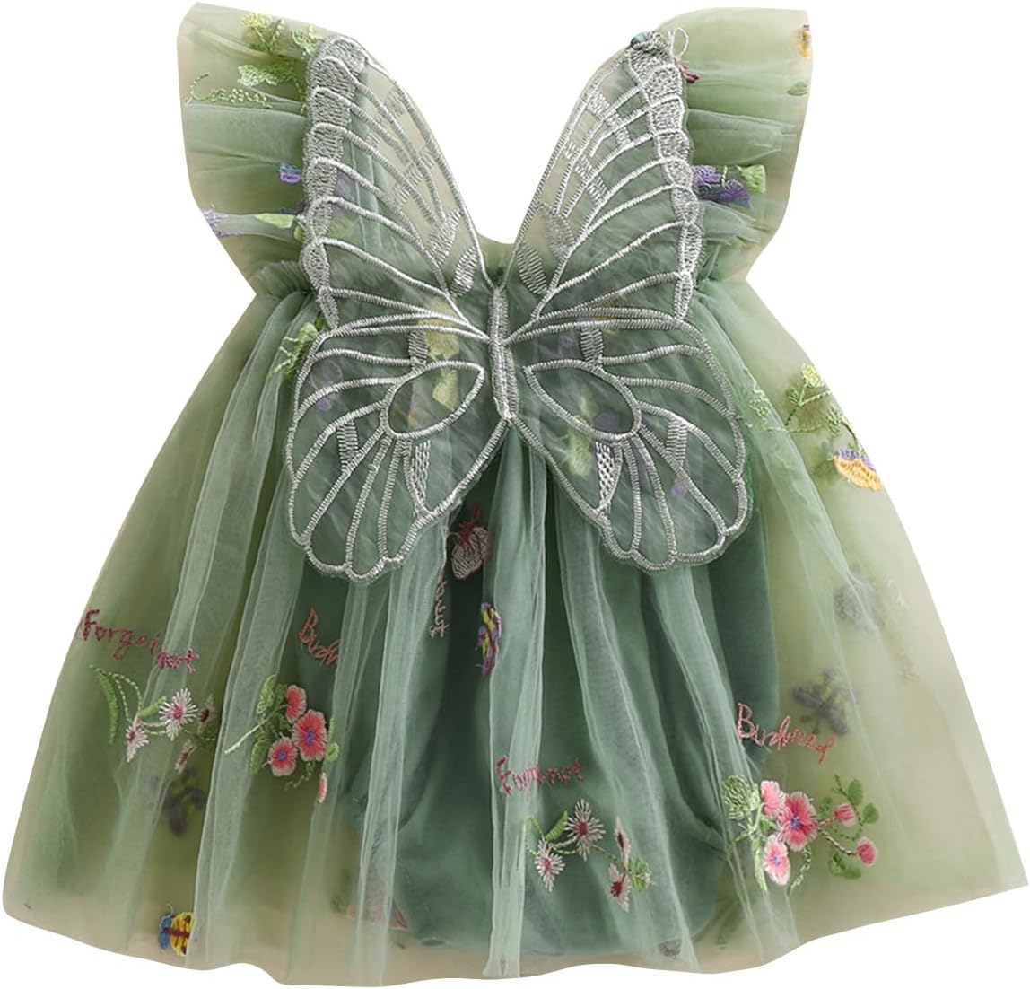 Green dress with butterfly design and floral embroidery on a white background