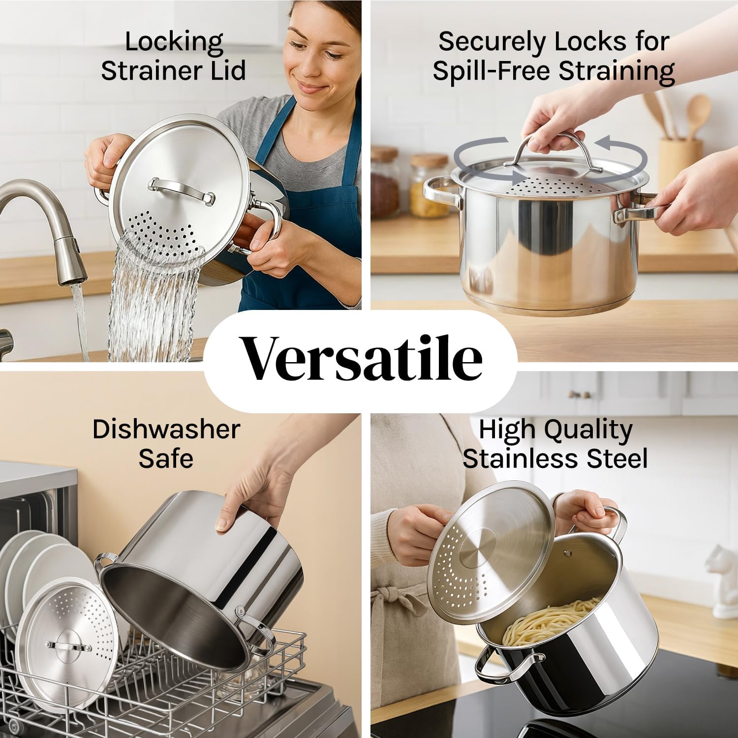 Edelstahl-Nudeltopf mit Siebdeckel und Verschlussmechanismus – 5,2 Liter Fassungsvermögen