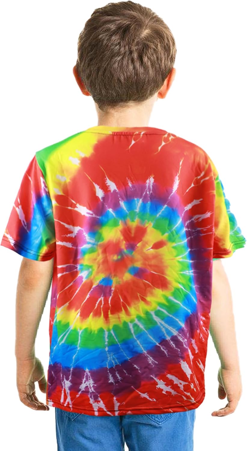 Child wearing a colorful tie-dye shirt on a white background