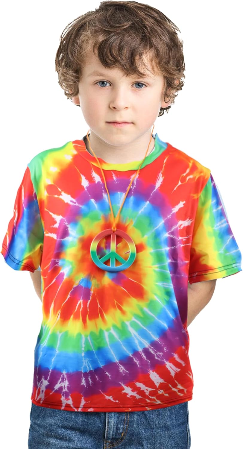 Child wearing a colorful tie-dye shirt with a peace symbol necklace on a white background