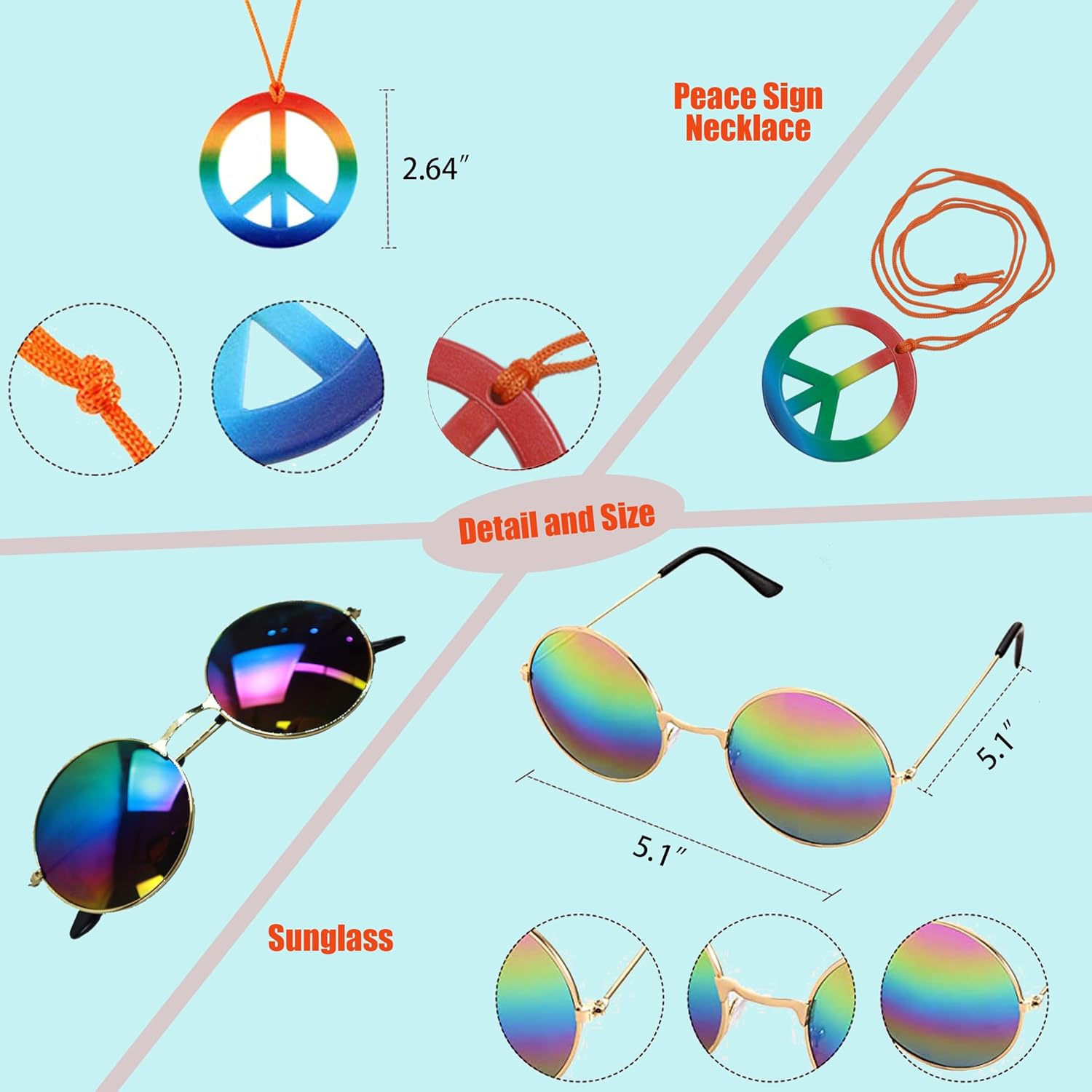 Colorful peace sign necklace and round sunglasses with measurements on a light blue background