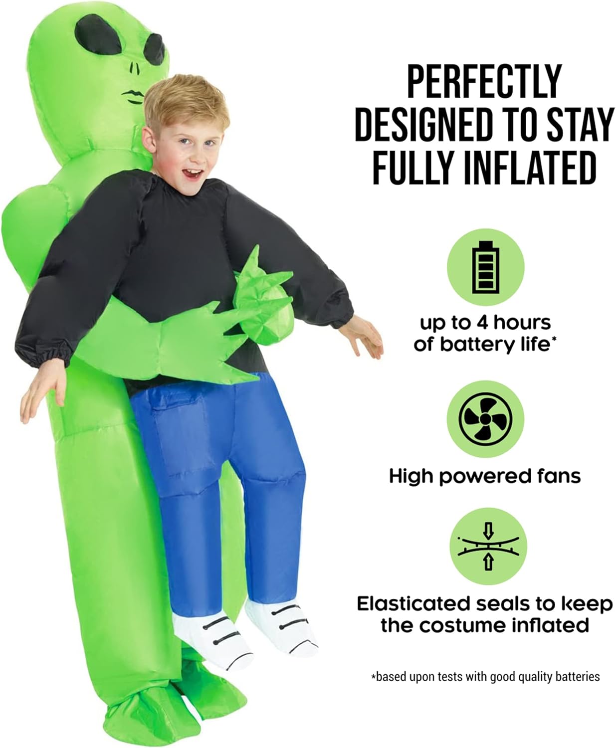 Child wearing an inflatable alien costume with features highlighted on a white background