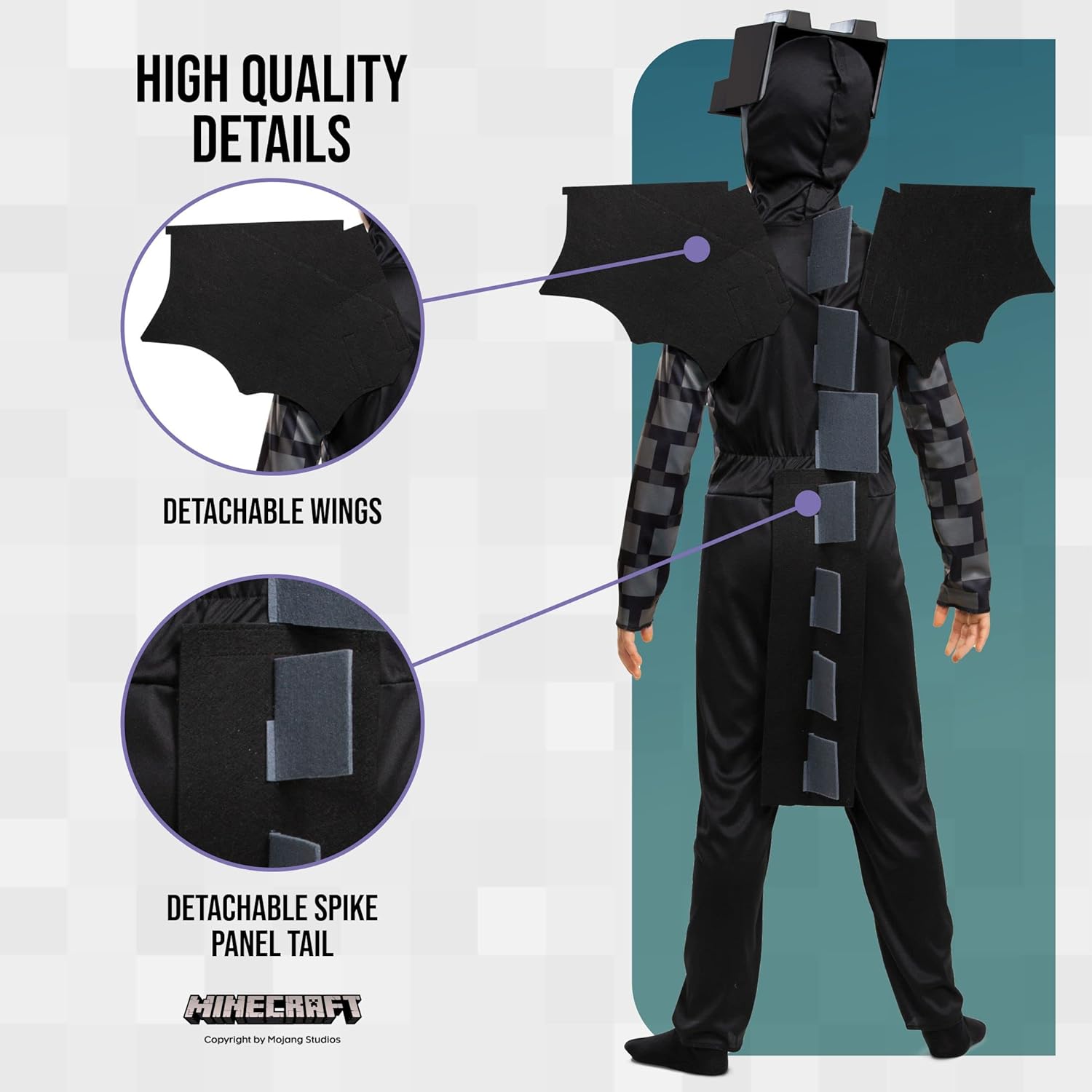 Black costume with detachable wings and spike panel tail, featuring Minecraft branding.