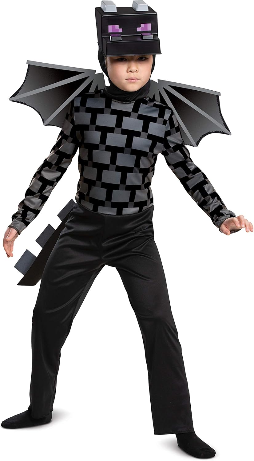 Child wearing a black and gray Minecraft-themed costume with bat wings on a white background