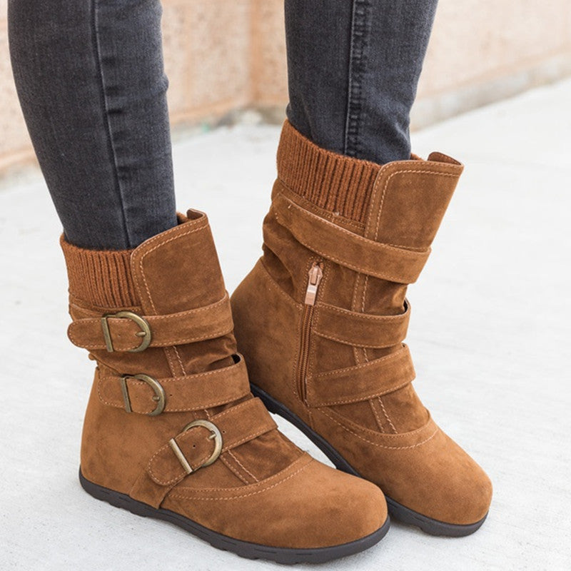 Women's Buckle Strap Winter Boots – Matte Round-Toe Flat Ankle Boots | 4 Colors