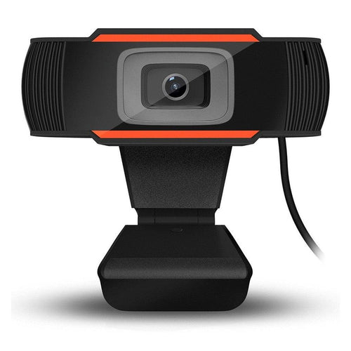 Black and orange webcam on a white background