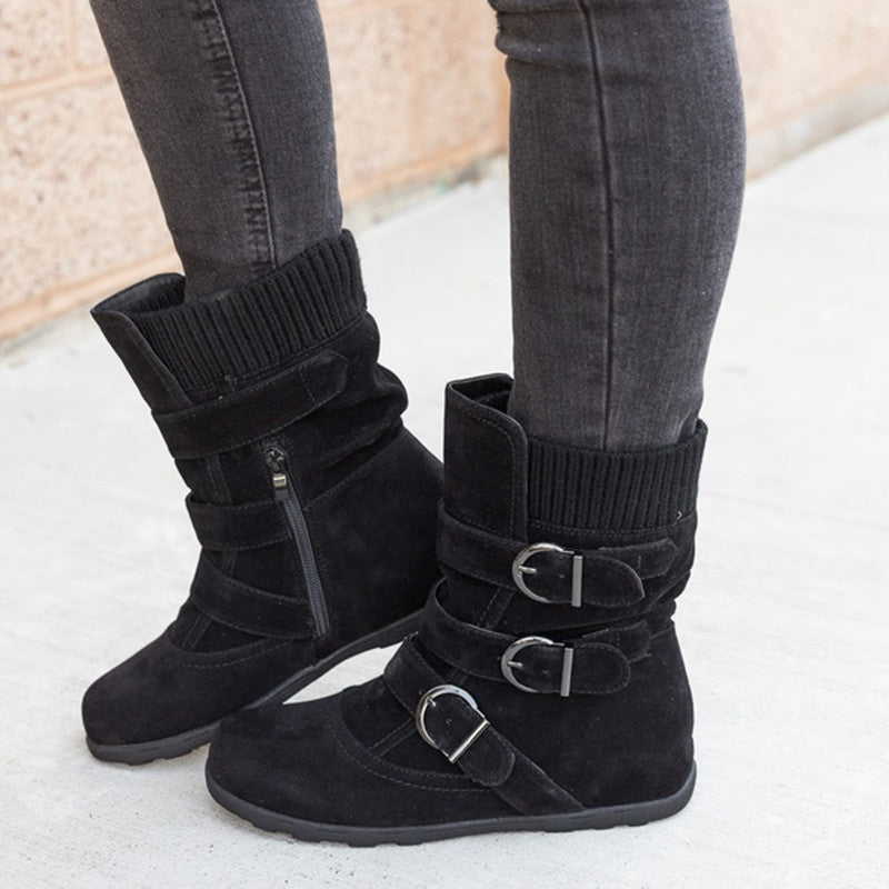 Women's Buckle Strap Winter Boots – Matte Round-Toe Flat Ankle Boots | 4 Colors