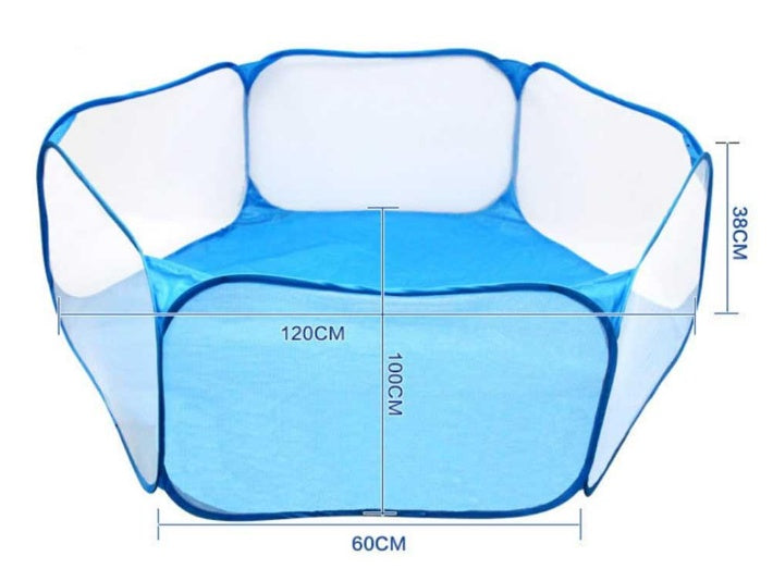Blue and white playpen with dimensions on a white background