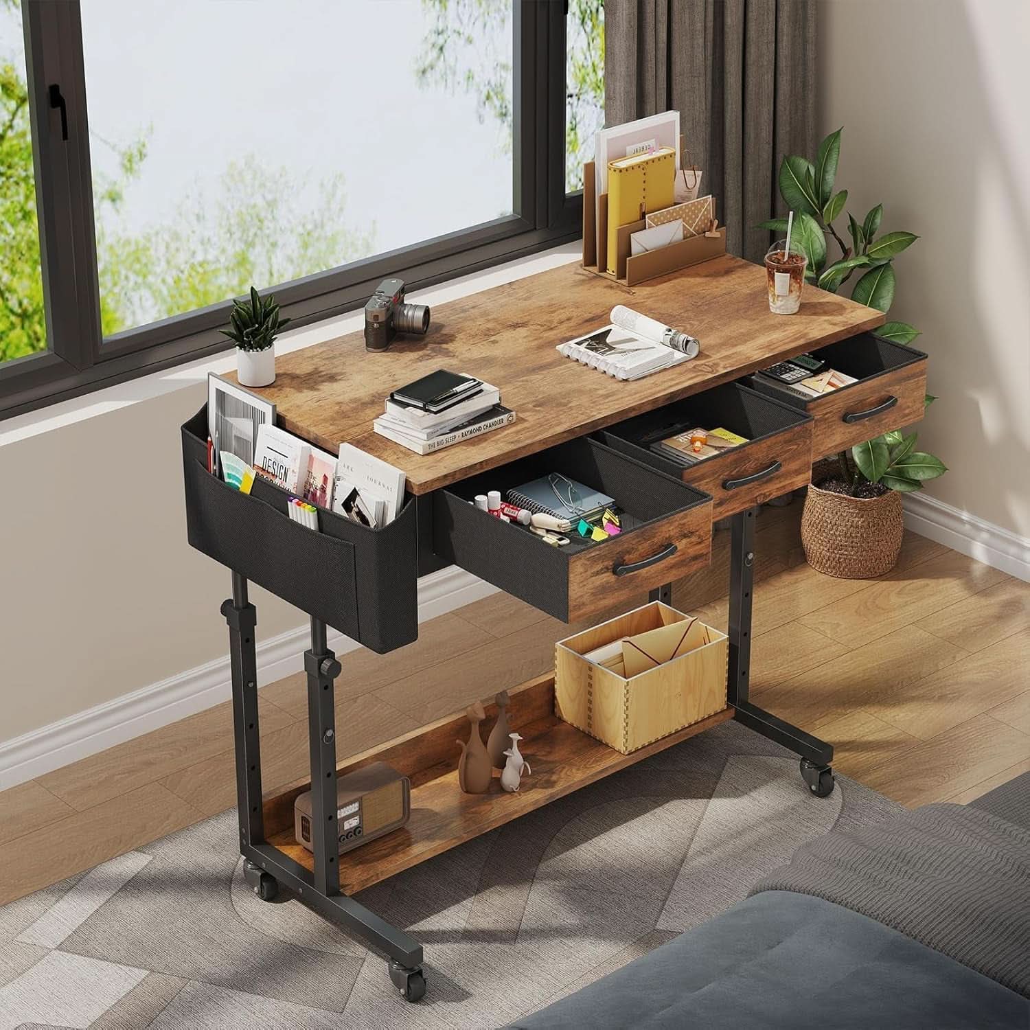 Rolling Height-Adjustable Computer Desk with Drawers – Sit-Stand Mobile Home Office Workstation