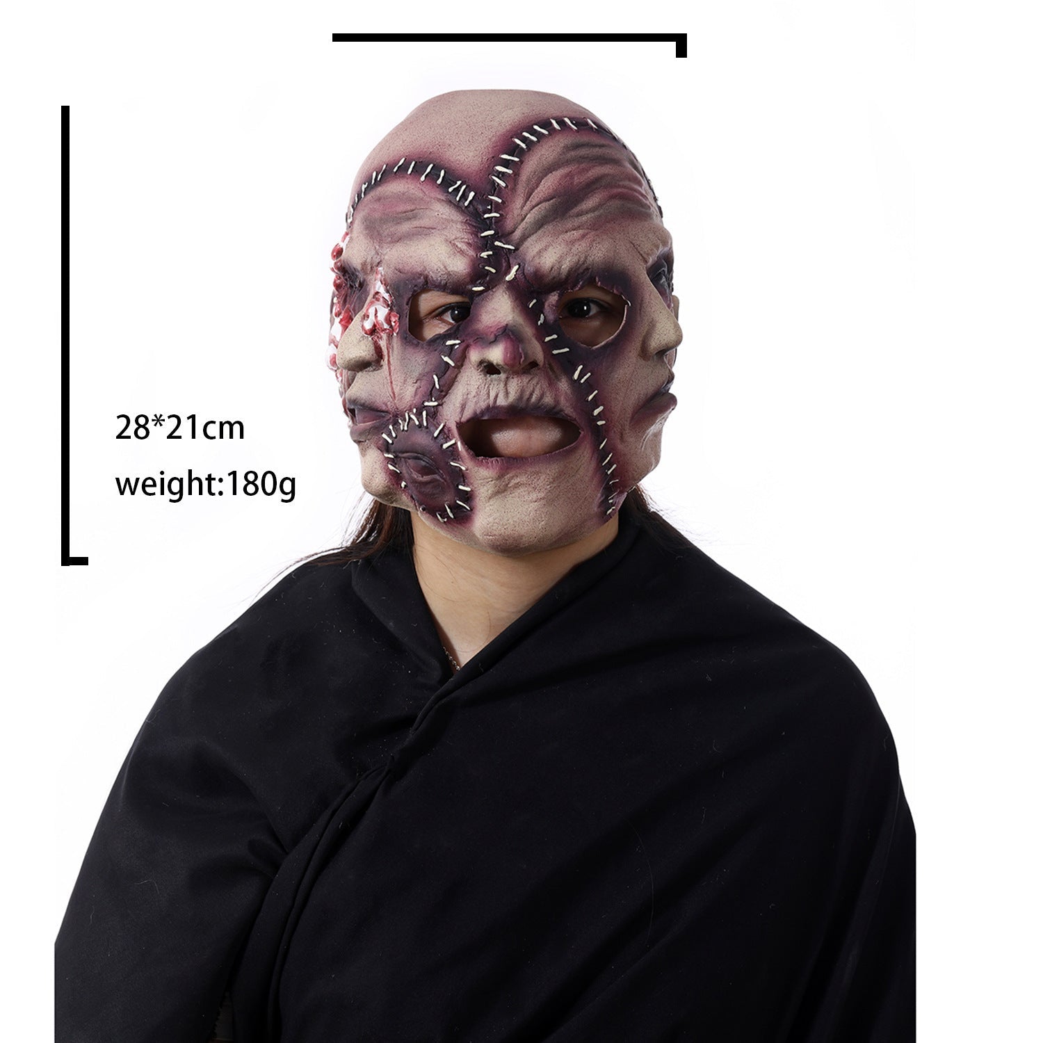 Person wearing a detailed mask with measurements and weight information on a white background