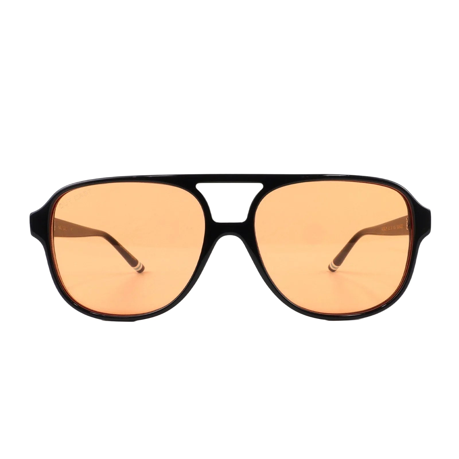 Sunglasses with orange lenses and black frame on a white background