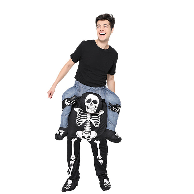 Person wearing a skeleton piggyback costume on a white background