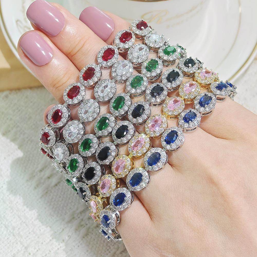 Multicolor CZ Halo Tennis Bracelet | Gold Plated Brass | 5A Cubic Zirconia