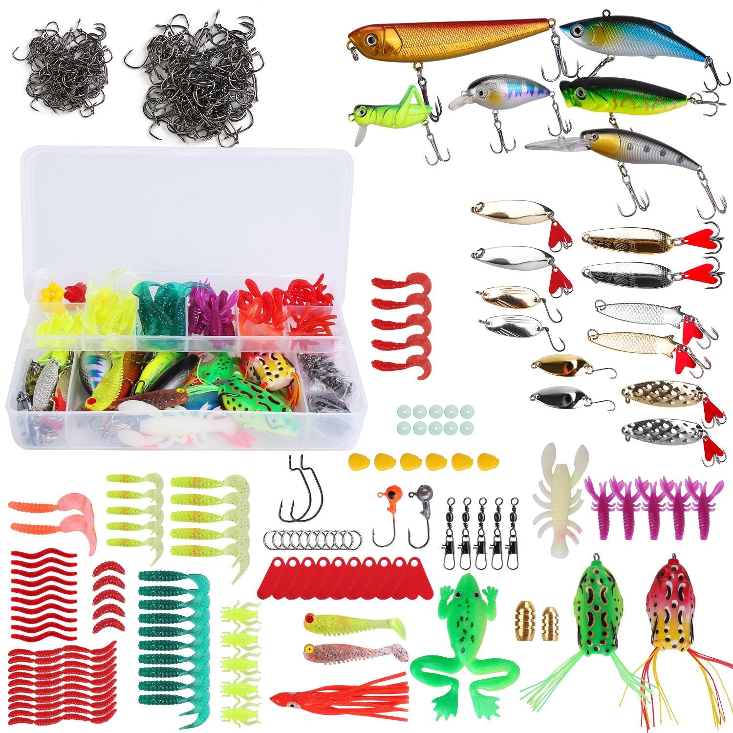 LakeForest 375-Piece Fishing Lures Kit with Tackle Box – Freshwater & Saltwater Baits