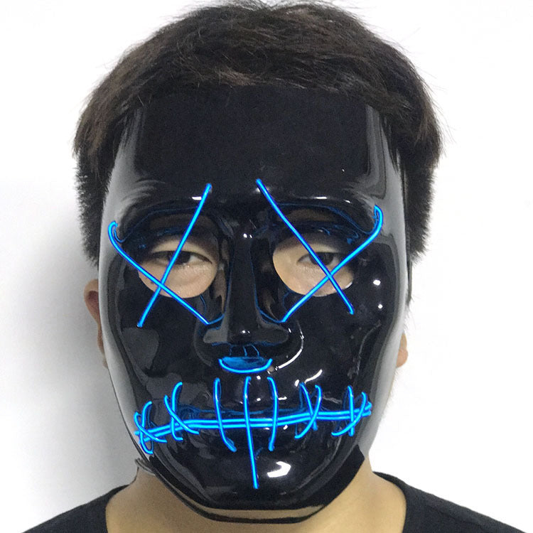 Black mask with blue LED lights worn by a person on a white background