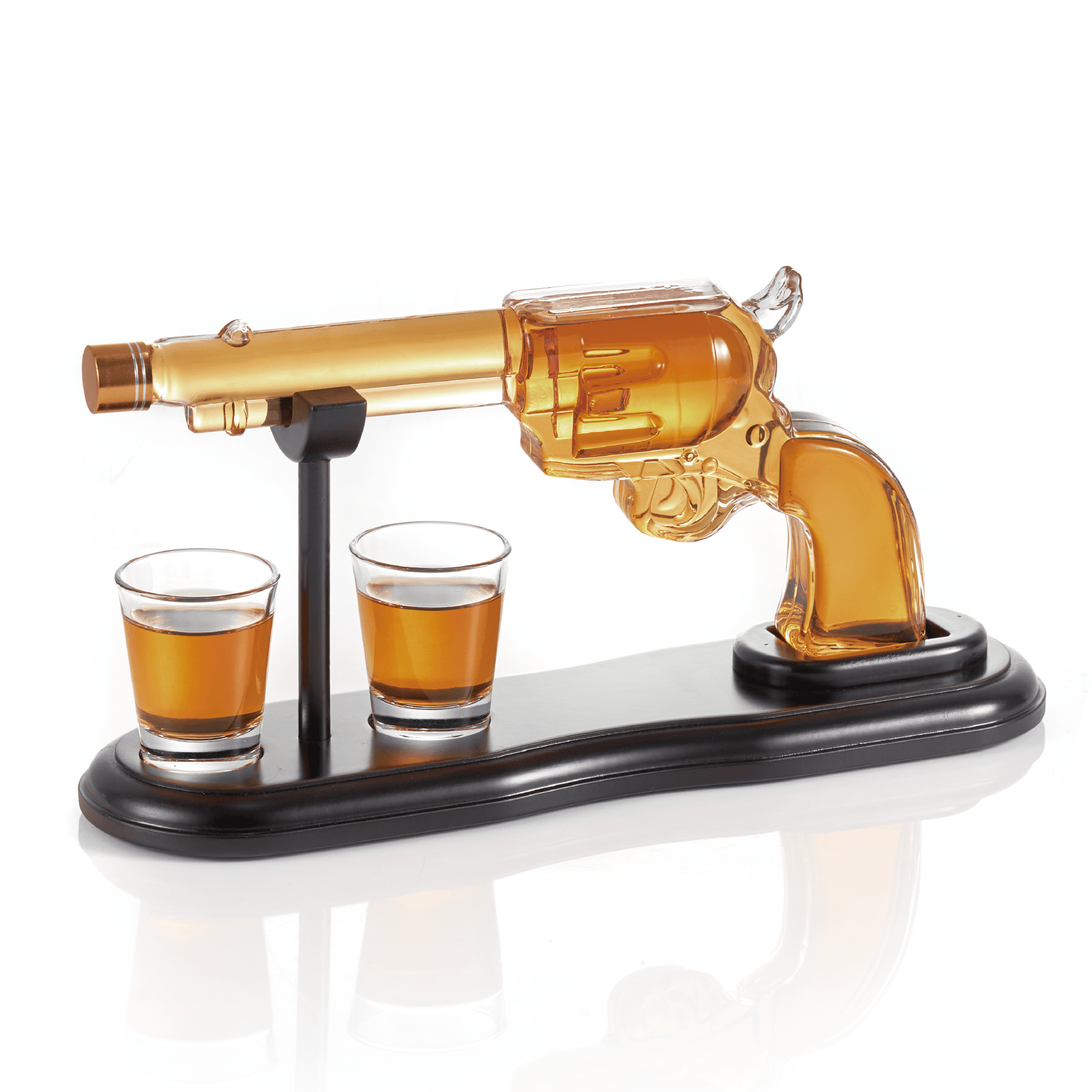 Alcohol shot gun with two glasses on a white background