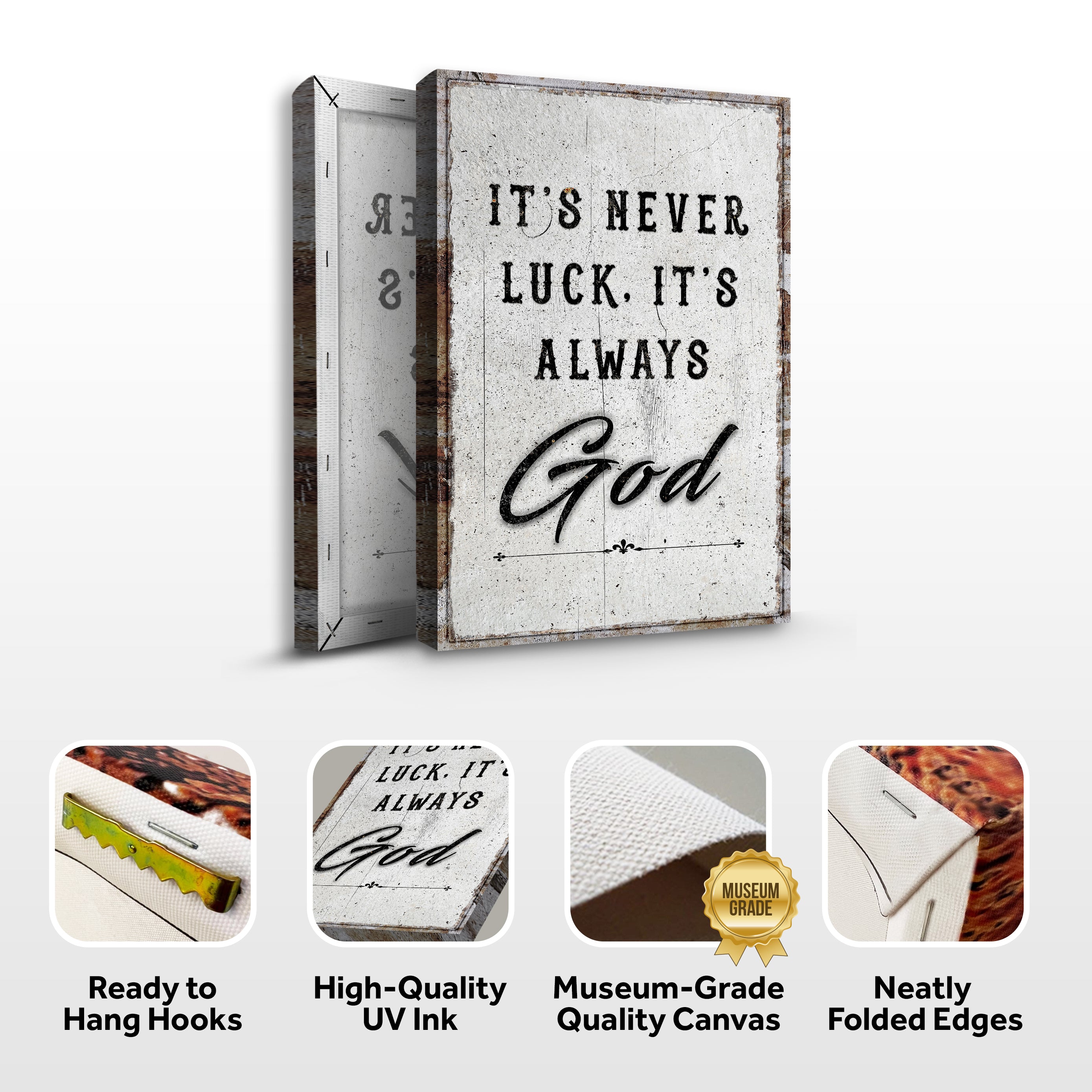 "It's Never Luck, It's Always God" Faith Canvas Wall Art | 3 Sizes | Ready to Hang
