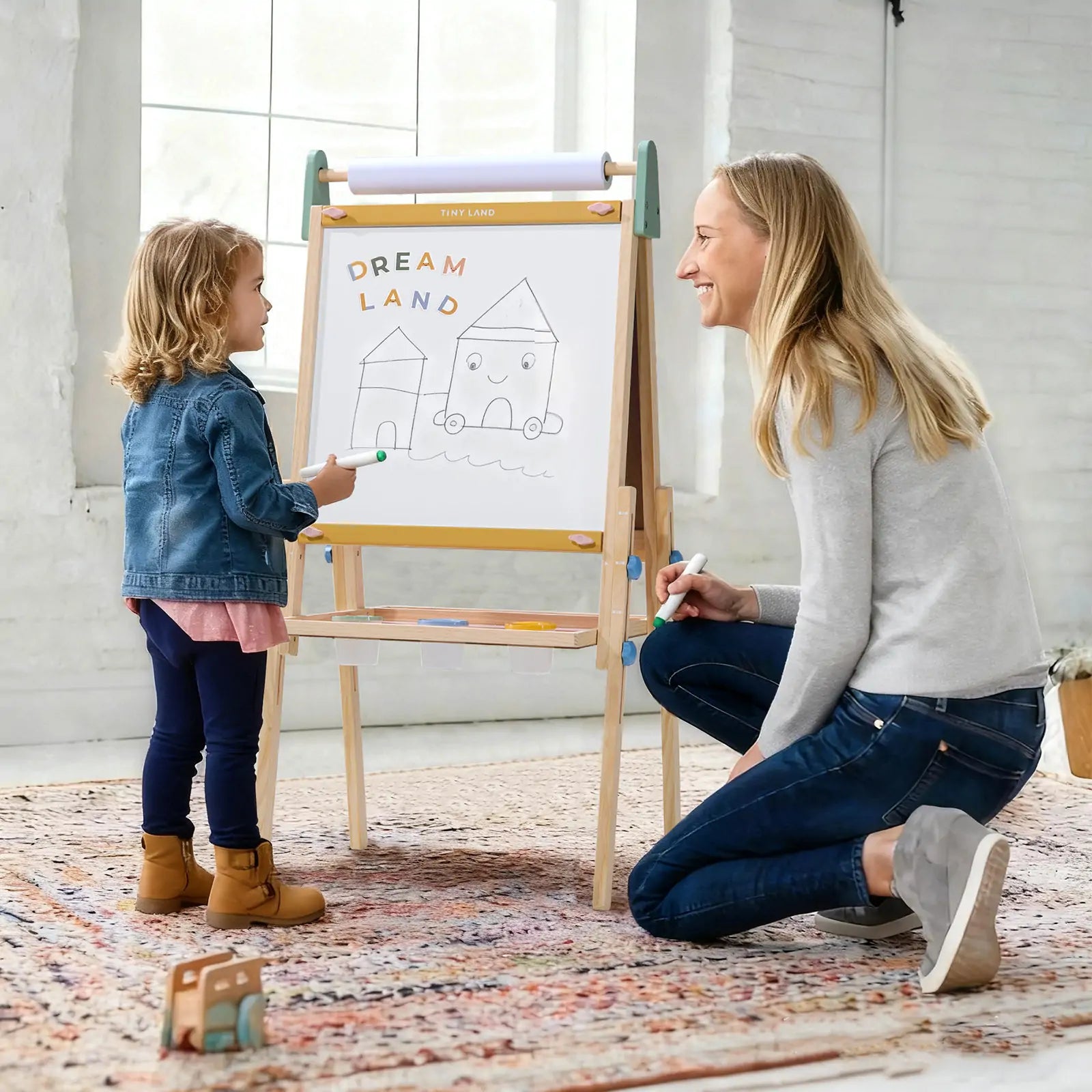 Tiny Land Double-Sided Kids Art Easel – Chalkboard, Whiteboard & Paper Roll
