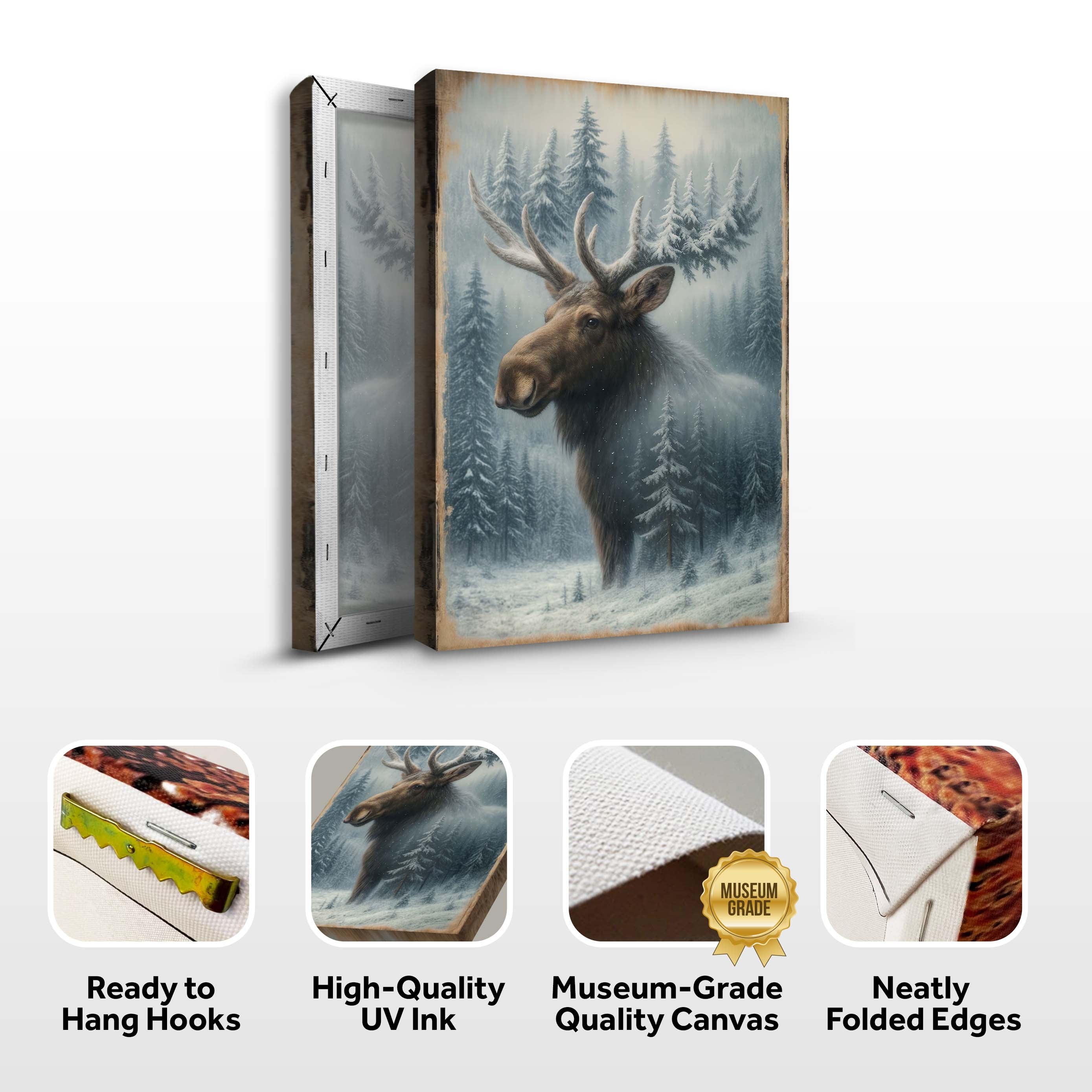 Snowy Forest Moose Double Exposure Canvas Wall Art | Handcrafted | 3 Sizes | Ready to Hang