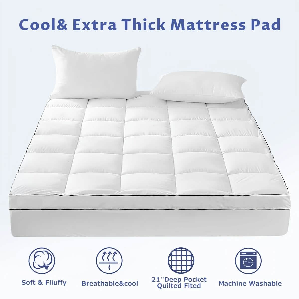 Extra Thick Mattress Topper — 1200GSM Cotton Fill, Cooling, 8–21" Deep Pockets | Twin–Cal King