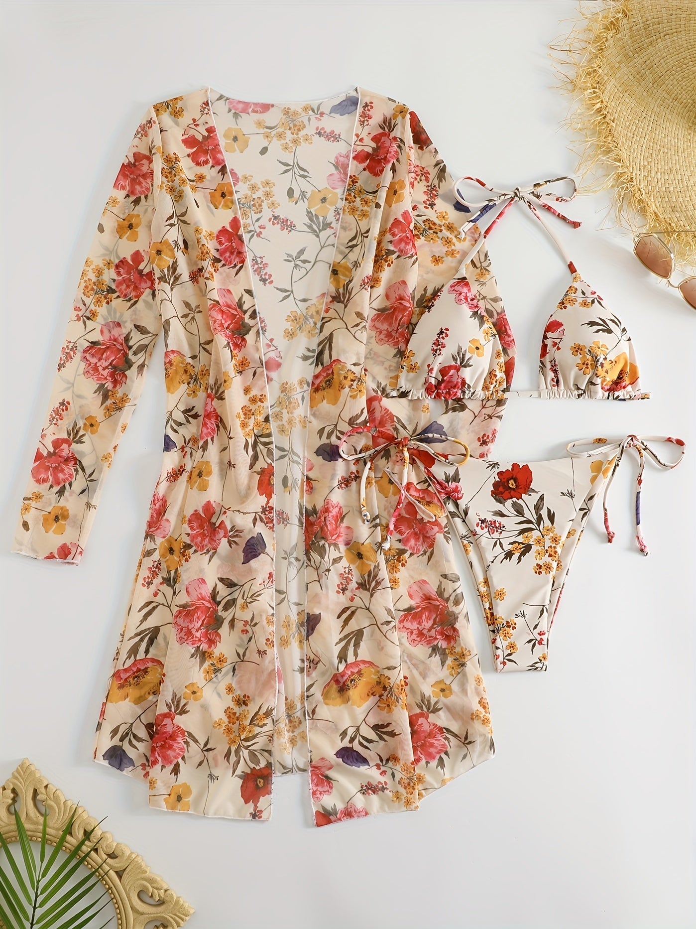 Floral Three-Piece Bikini Set – V-Neck, Cover-Up, Removable Padding