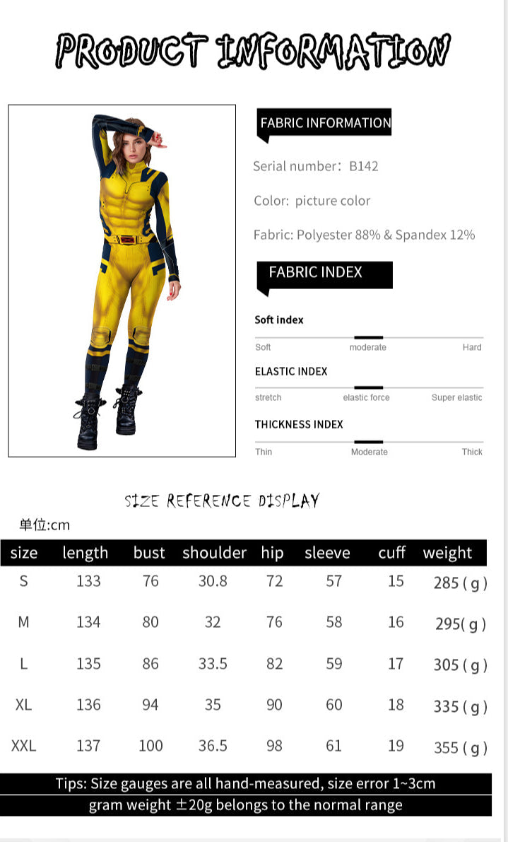 Product information card for a yellow and black outfit with fabric and size details.