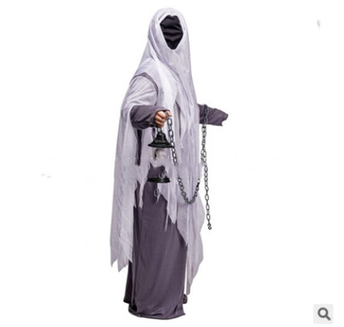 Costume with white hooded cloak and dark outfit on a white background