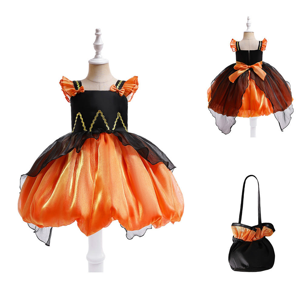Halloween-themed children's dress with matching bag on mannequins against a white background