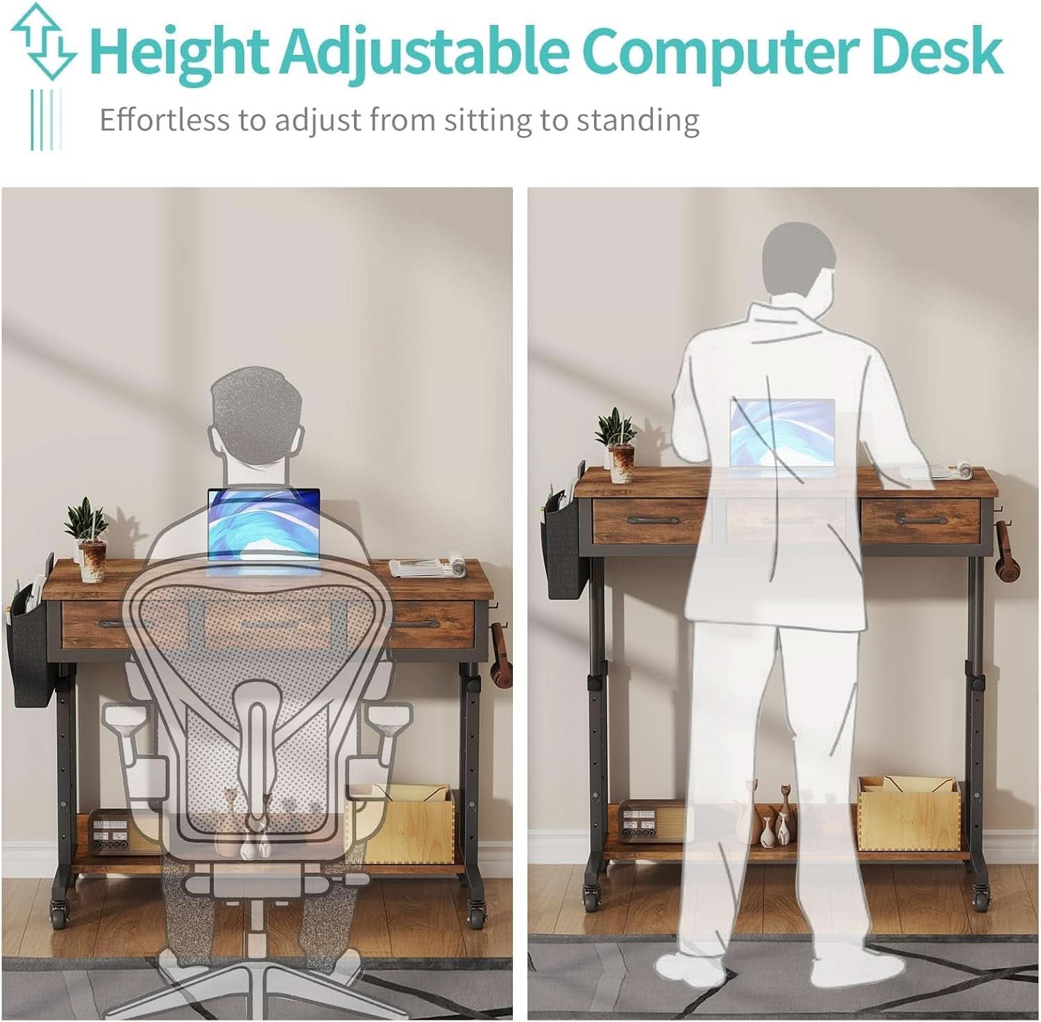 Rolling Height-Adjustable Computer Desk with Drawers – Sit-Stand Mobile Home Office Workstation