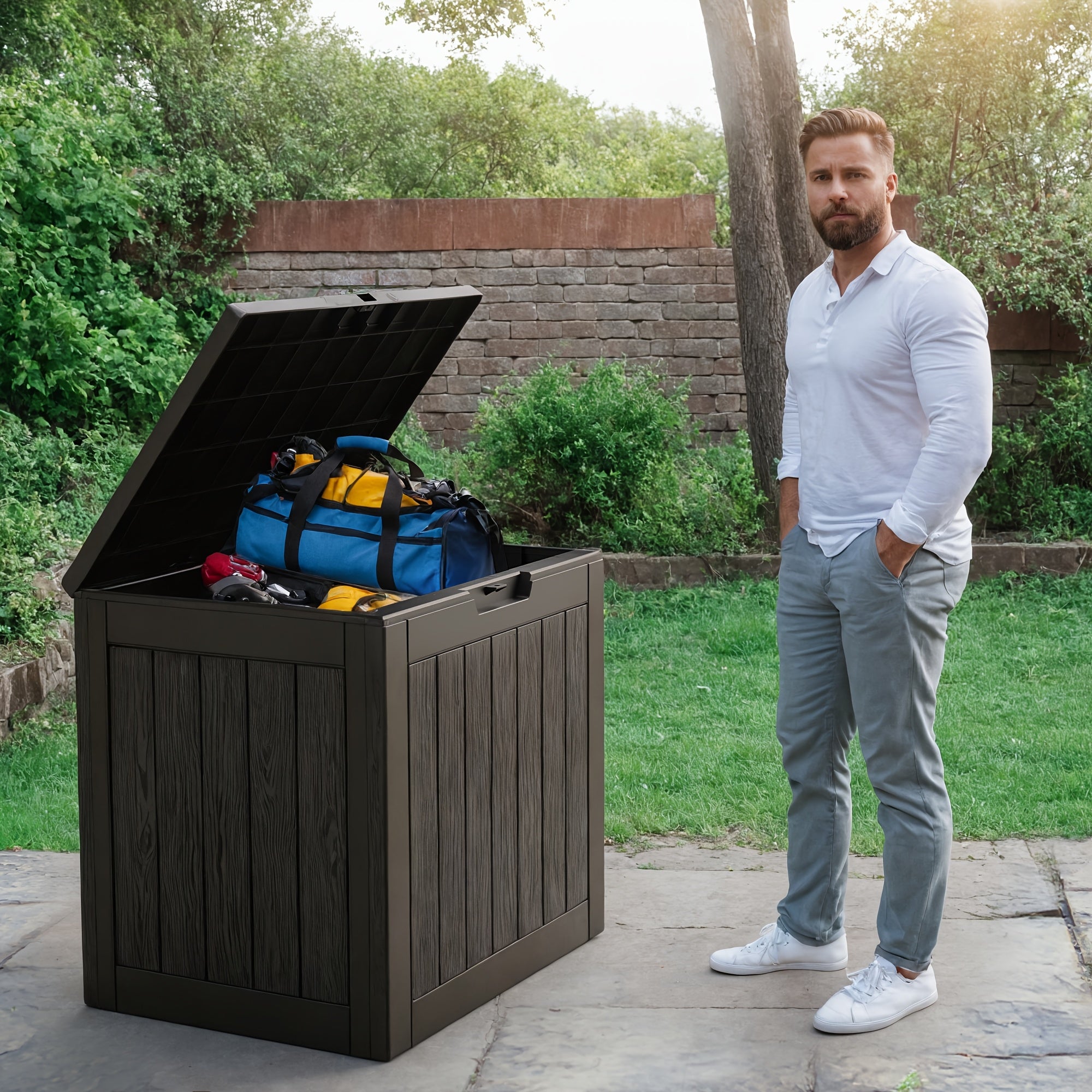 35 Gallon Outdoor Resin Storage Box | Lockable Flip-Top | Black/Wood Grain
