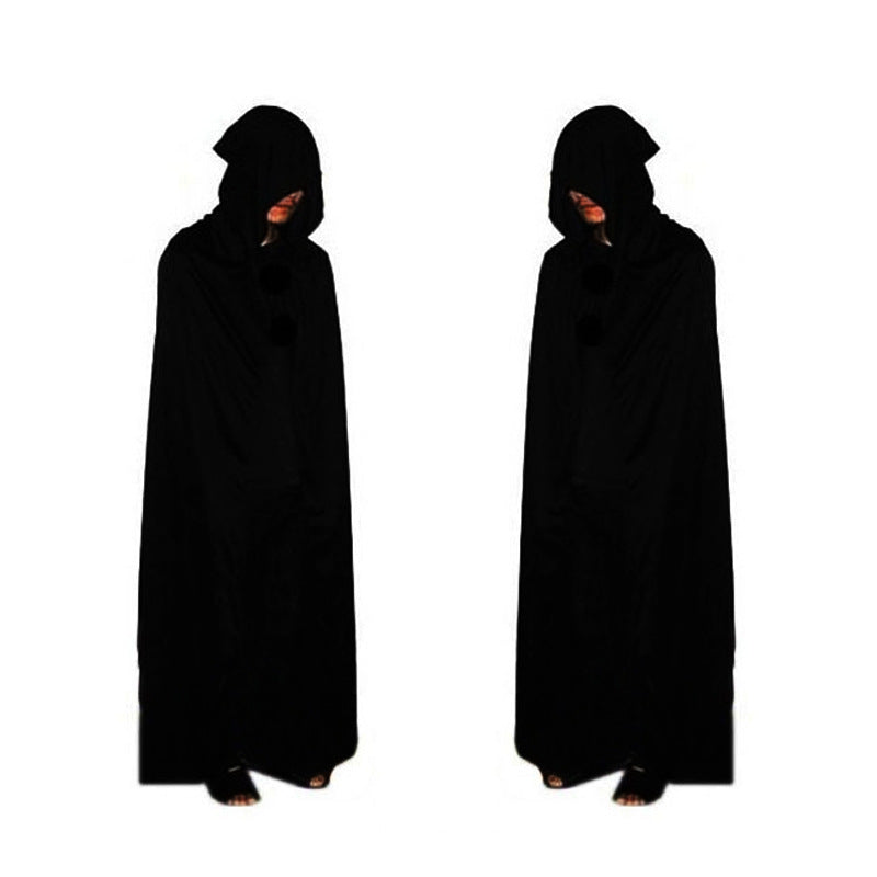 Two black hooded cloaks on a white background