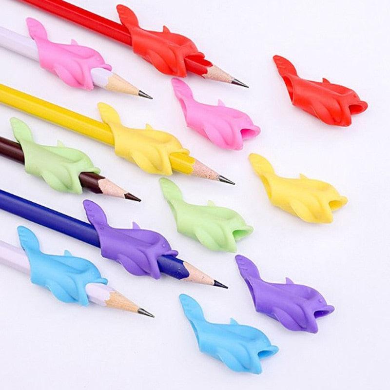 Colorful pencil grips on pencils against a white background
