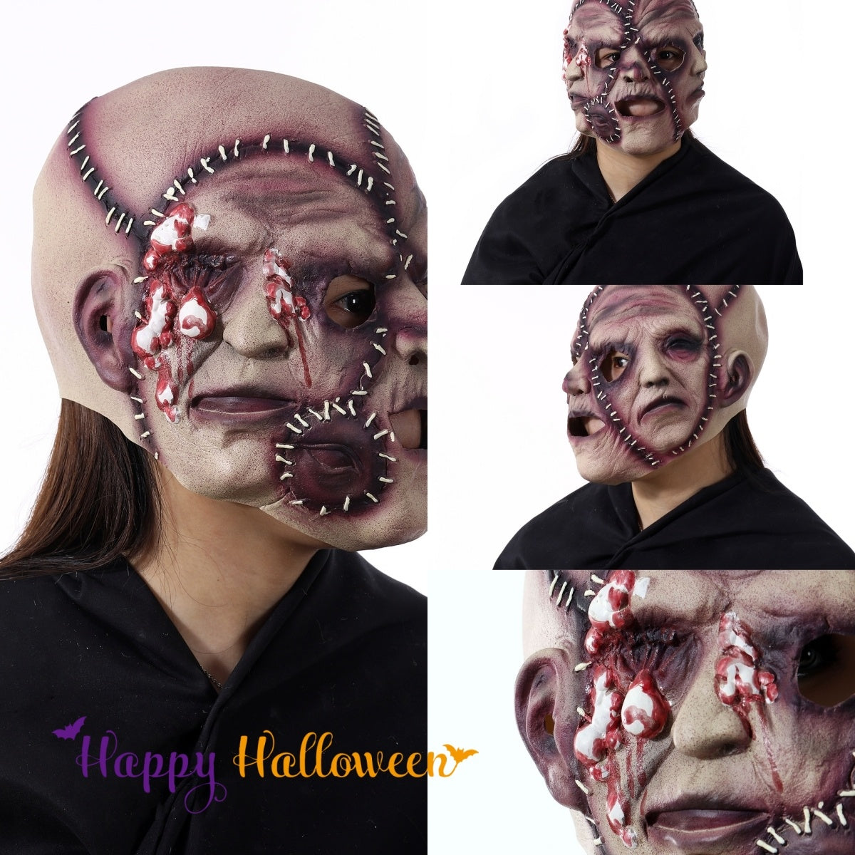 Person wearing a horror-themed mask with 'Happy Halloween' text.