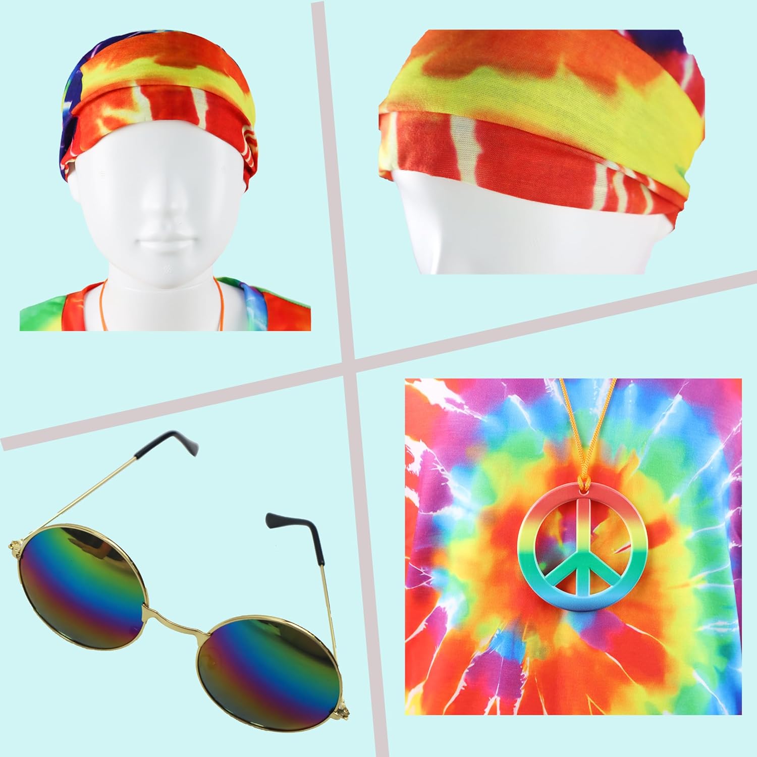 Tie-dye accessories including a headscarf, sunglasses, and a peace symbol necklace on a light blue background.